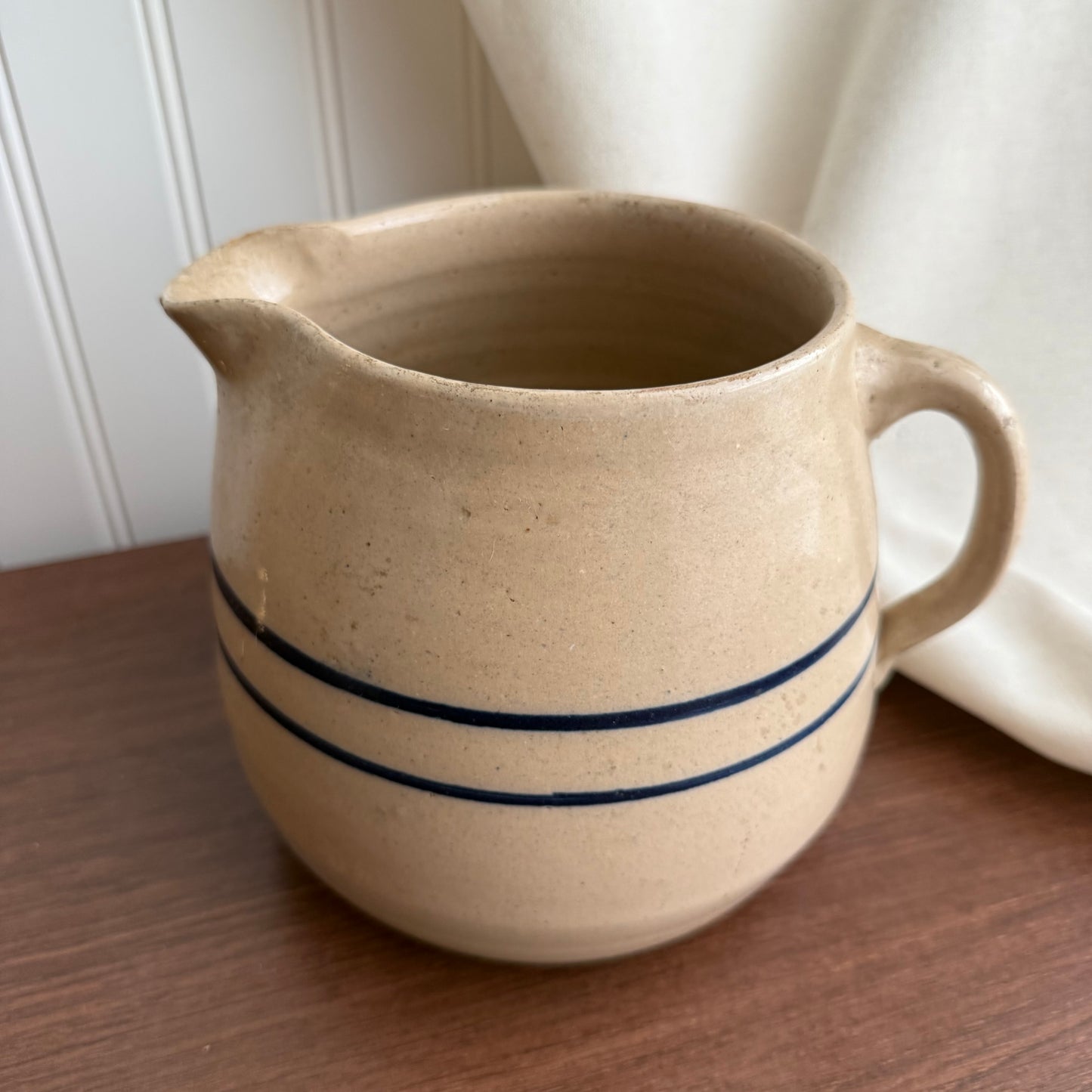 Vintage crock Tan Blue Stripes pottery