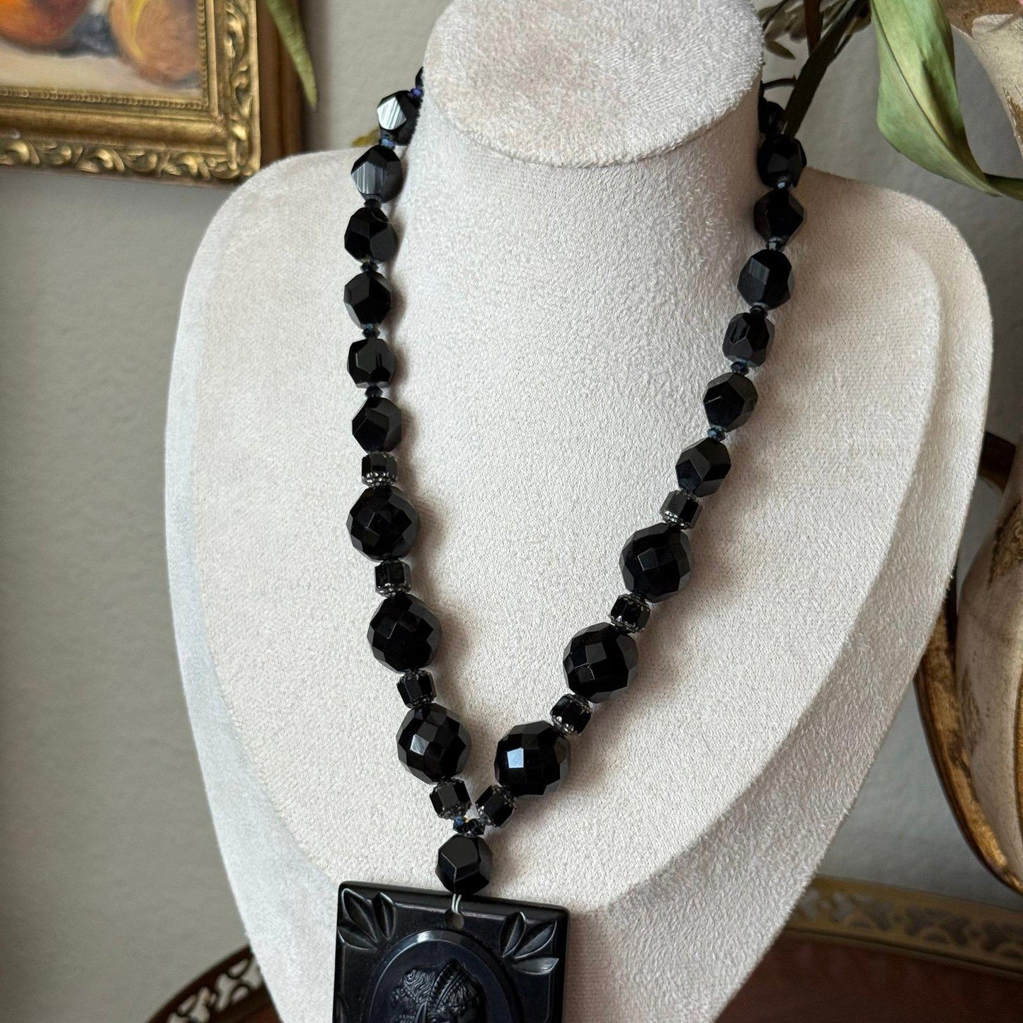 Vintage Carved Ebony Lucite Cameo Pendant black mourning cameo necklace