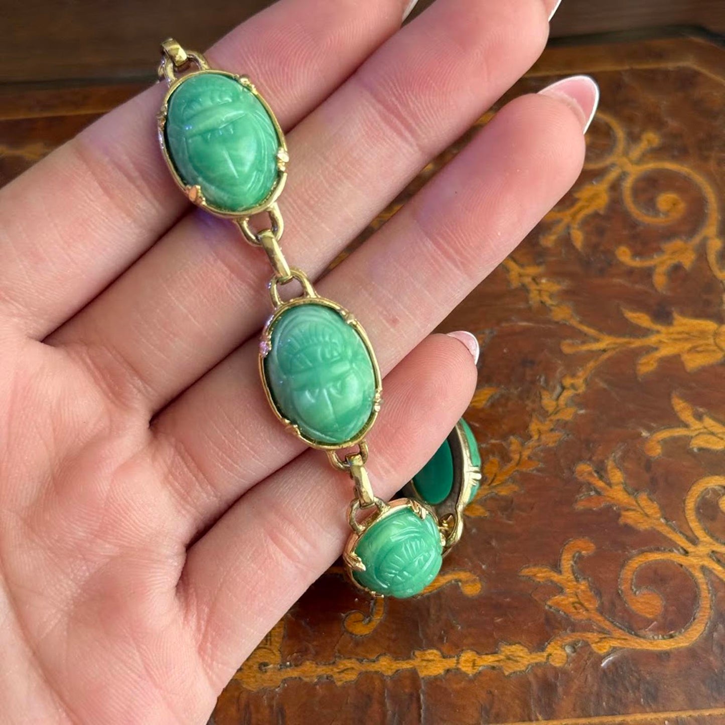 Vintage Mid Century Gold Tone Faux Scarab Bracelet