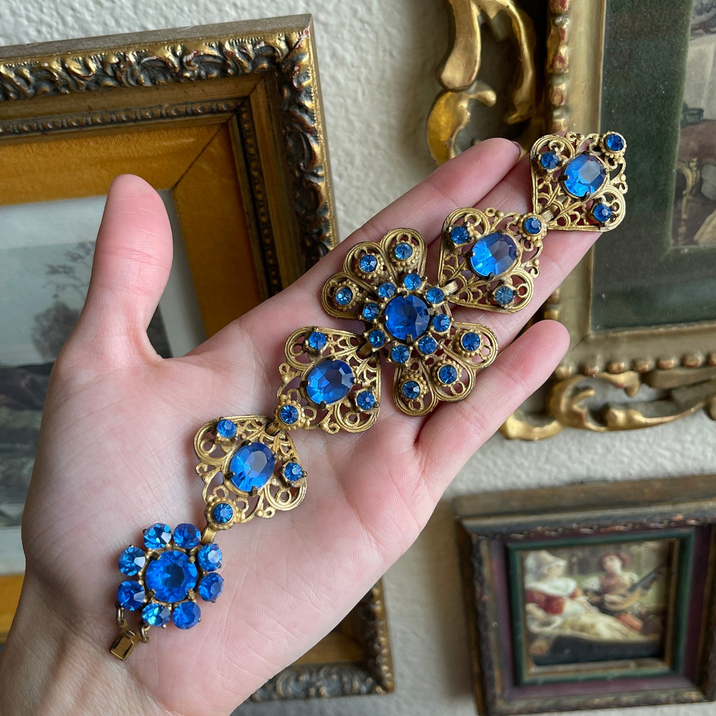 Vintage Blue Glass Rhinestone And Filigree Bracelet
