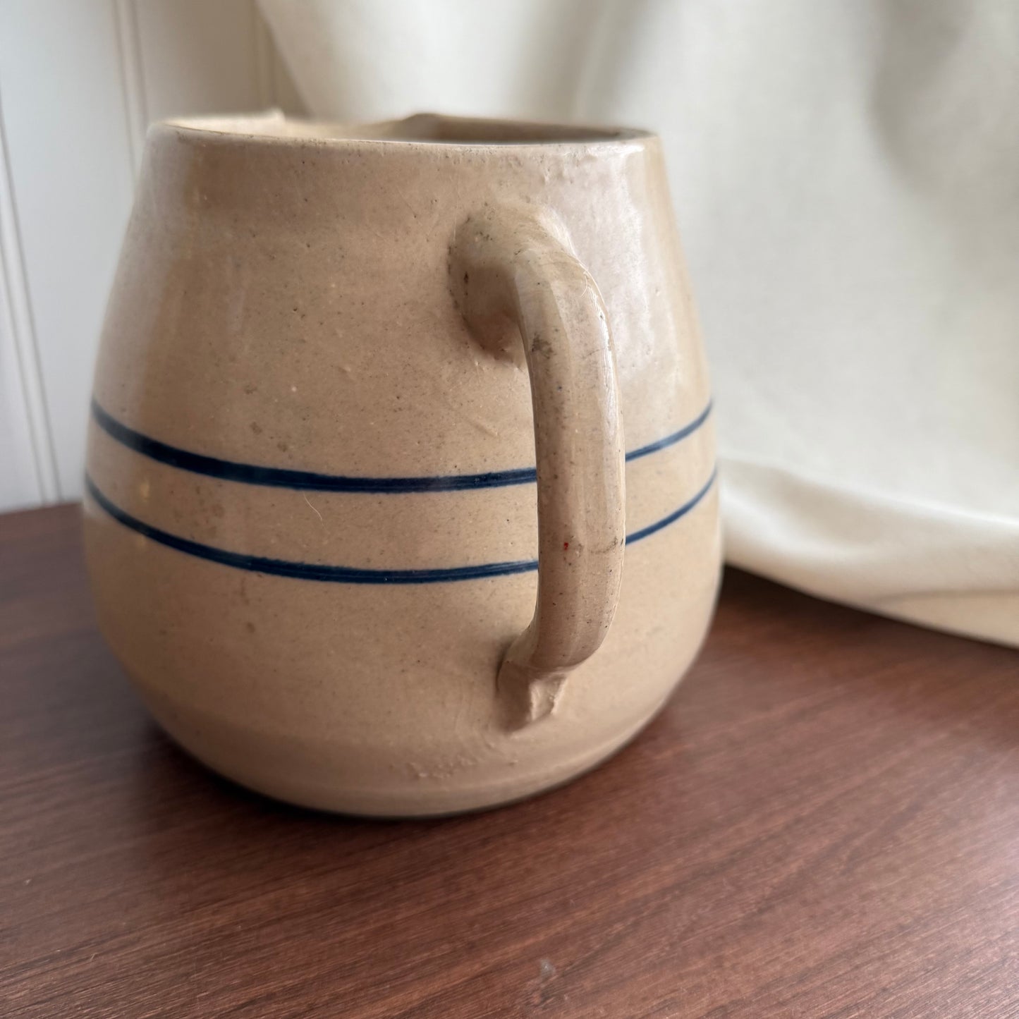 Vintage crock Tan Blue Stripes pottery