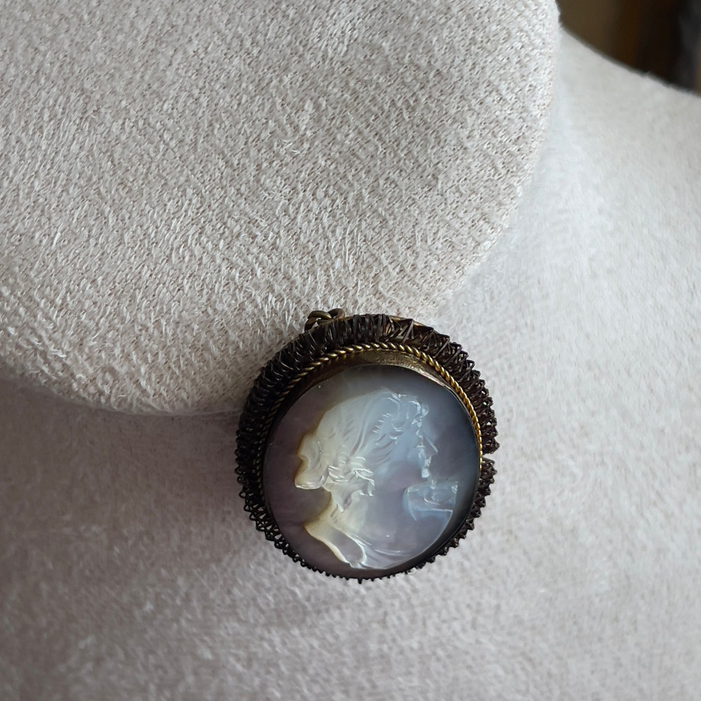 Vintage antique silver Mother of Pearl Carved Cameo brooch & pendant