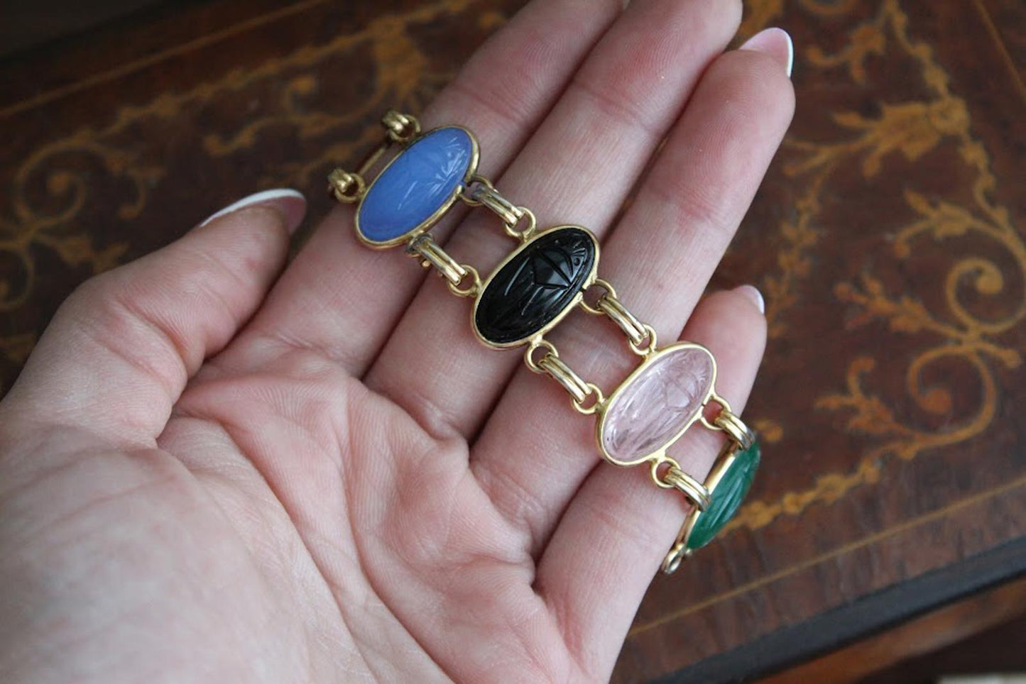 Vintage Egyptian Revival Gold Toned Scarab Bracelet