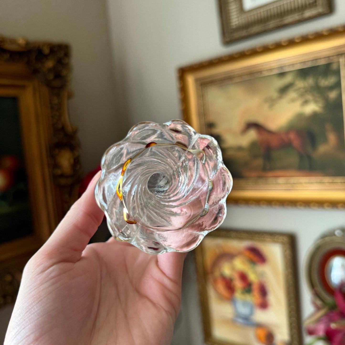 Vintage Clear Glass Swirl Pattern Perfume Bottle with Gold Lid