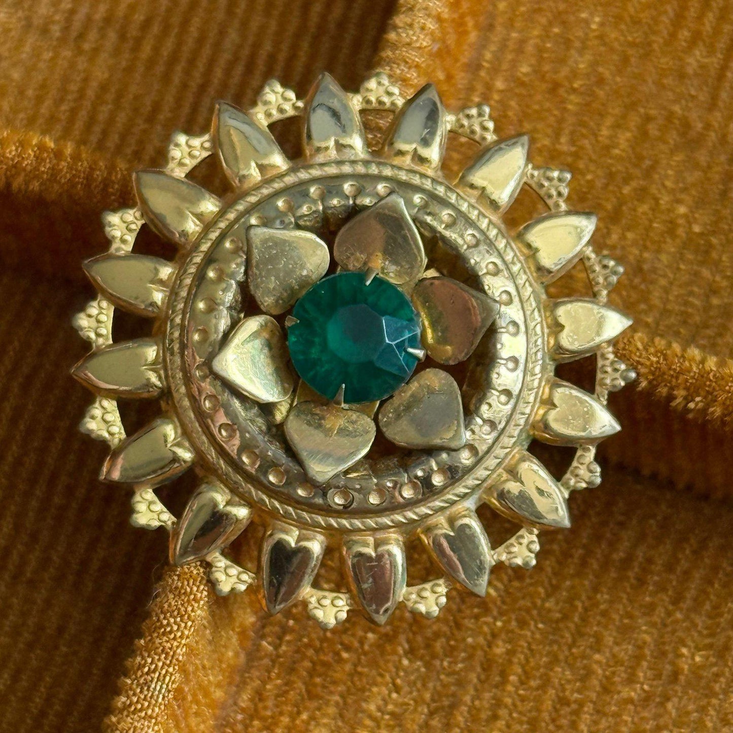 Vintage Mandala Brooch with Green Center Stone