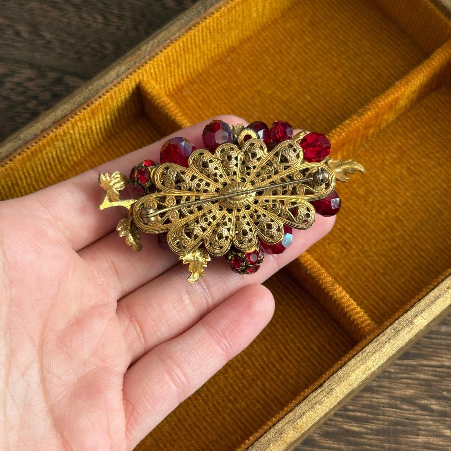 Vintage filigree Bright red faceted glass beads Brooch