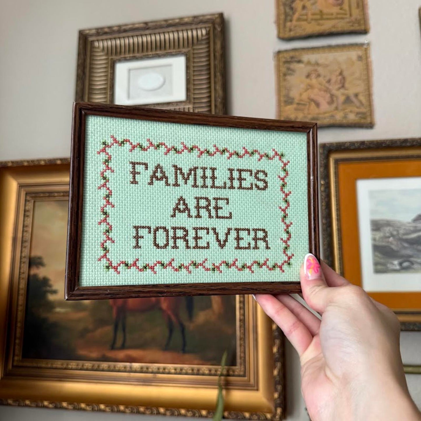 Vintage Framed "Families Are Forever" Cross Stitch Art