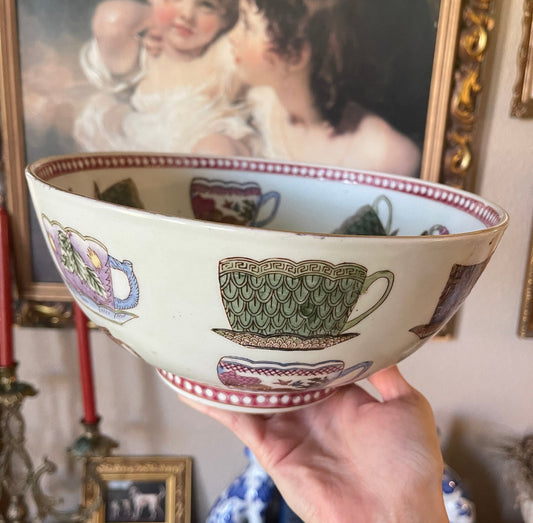 Vintage Large Yellow Oriental Accent Bowl with Tea Cup Pattern