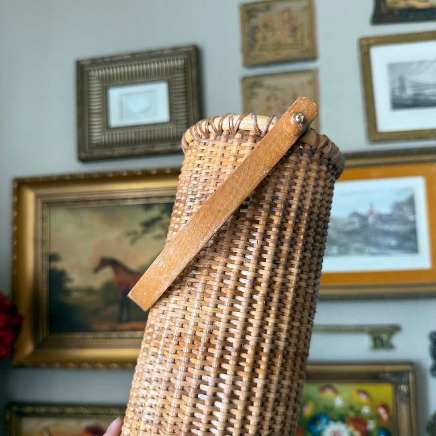 Vintage Tall Round Basket with Swing Handle