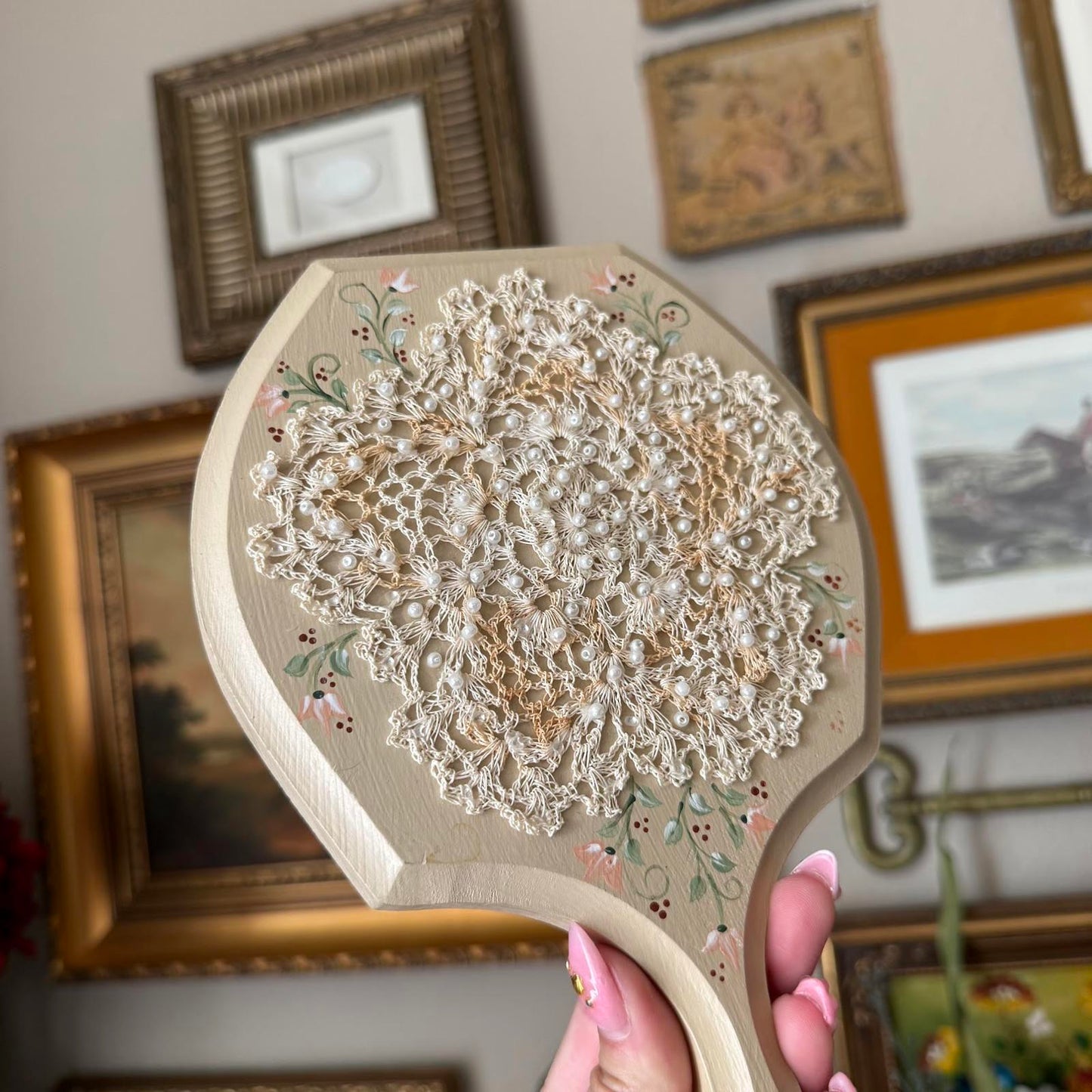 Vintage Hand Mirror with Lace Detailing