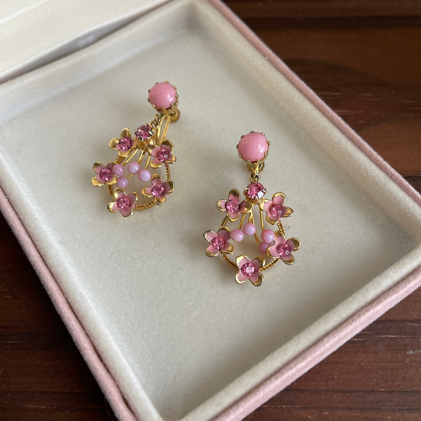 Vintage Pink floral and rhinestone screw back earrings