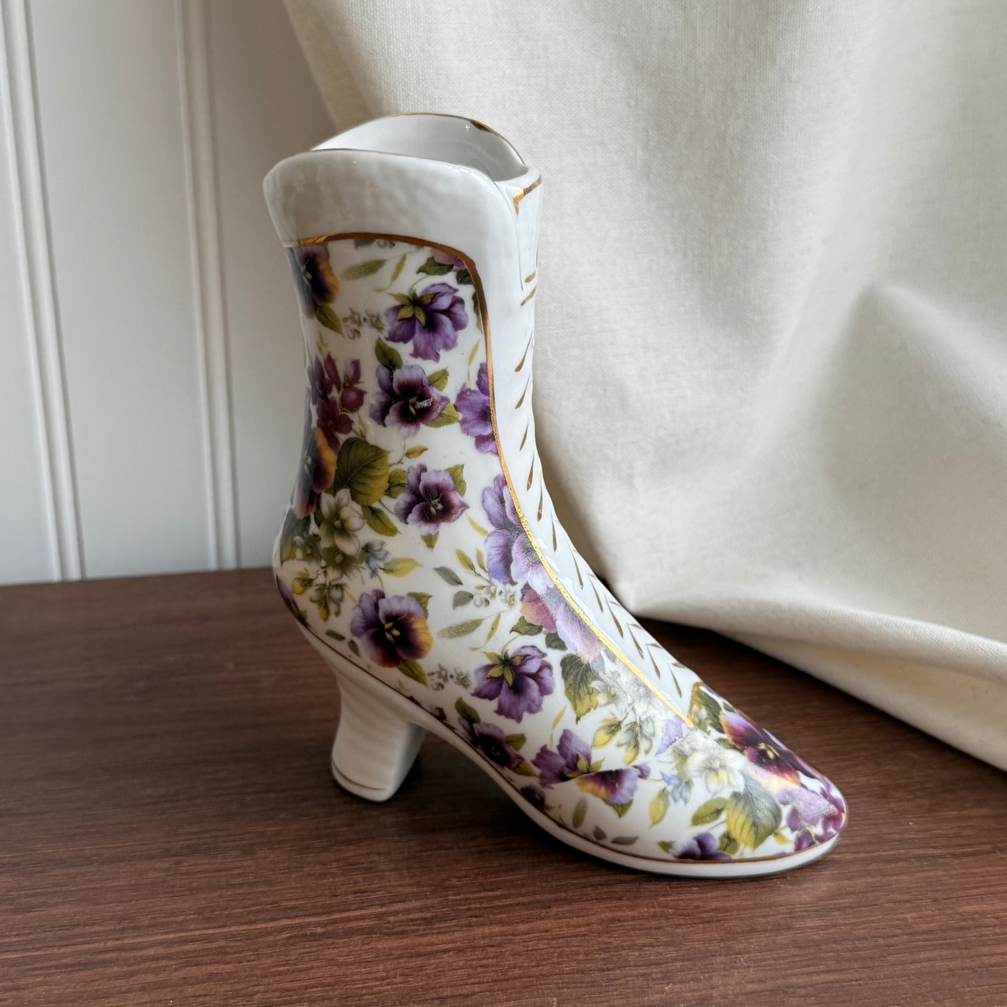 Pansy Chintz Boot Purple Violets ceramic figurine