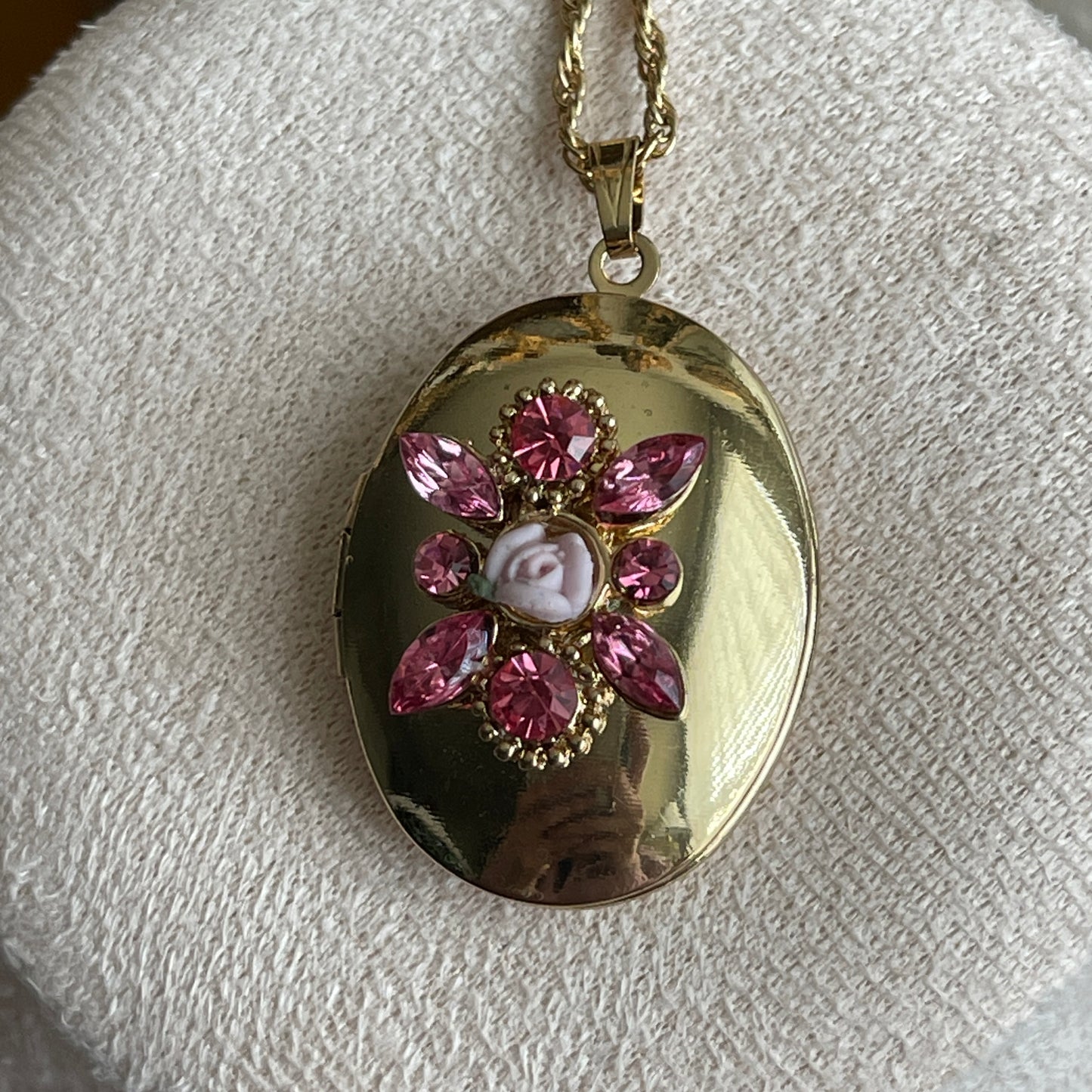 Vintage rose pink diamond with porcelain rose gold tone locket necklace