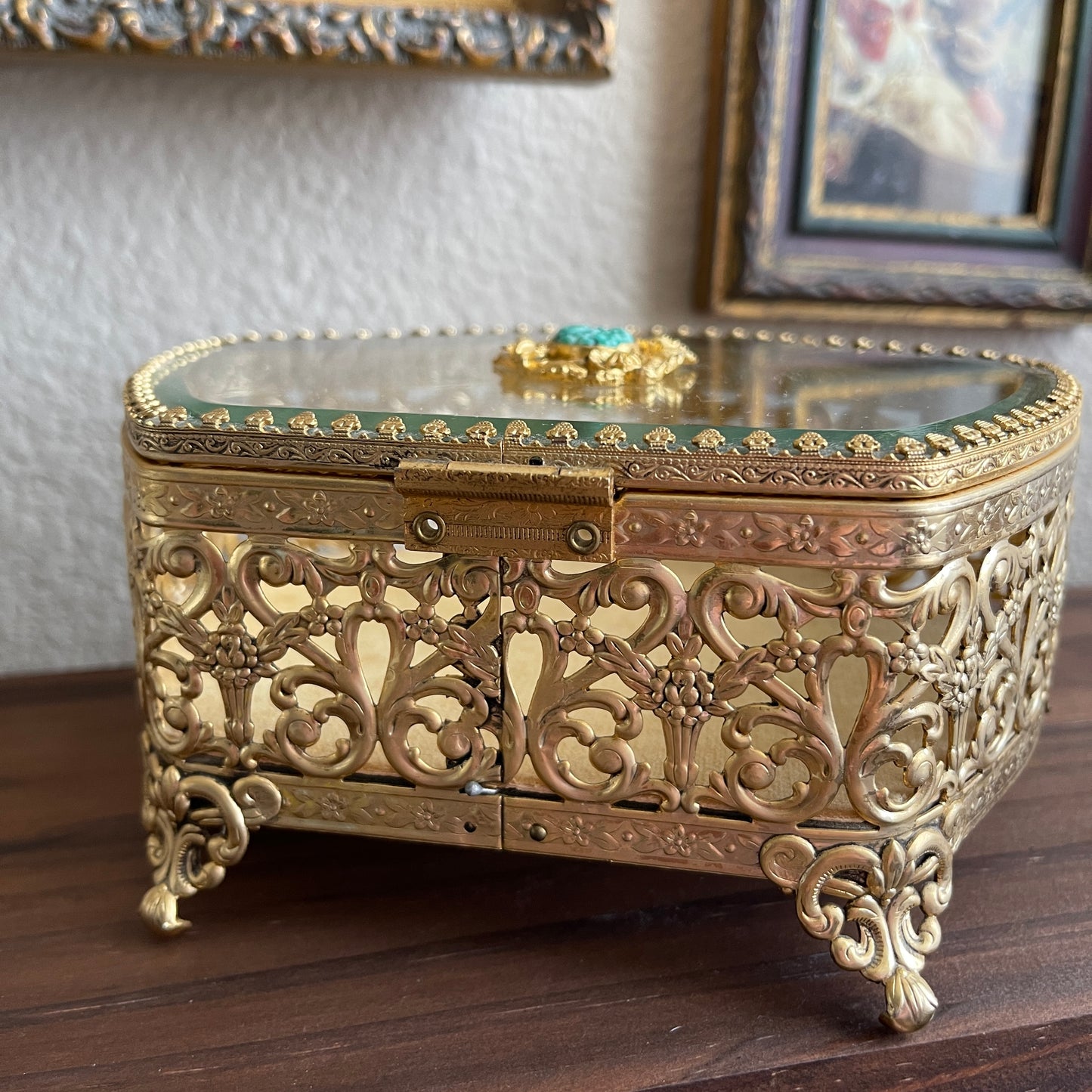 Art Nouveau Gold Gilded Glass Display Jewelry Chests Curio vanity trinket box