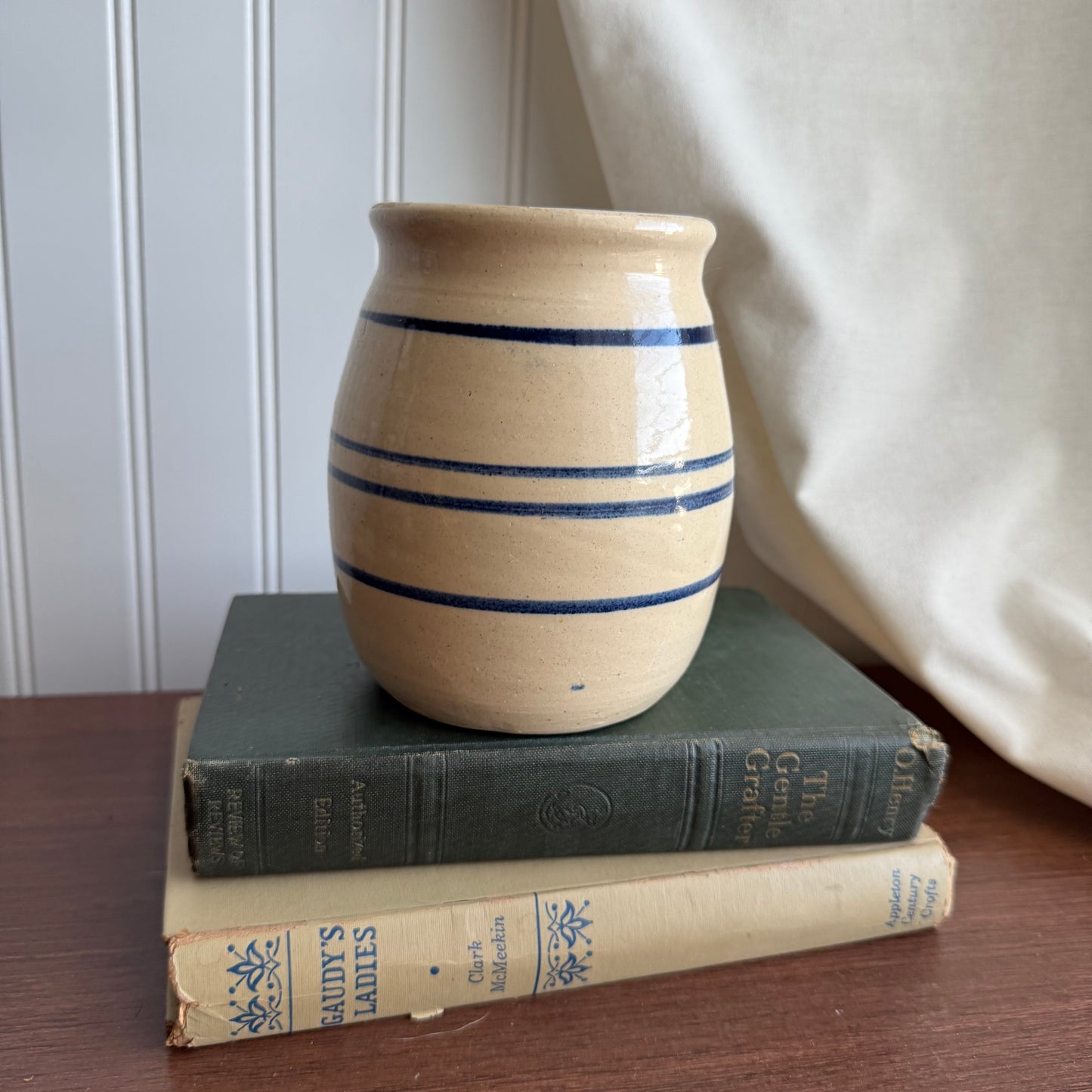 Small Crock Off-White Blue Stripes Kenneth Wingo Pottery