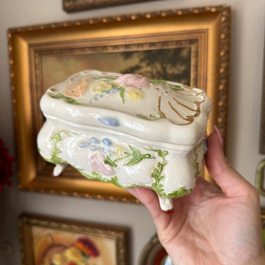Vintage Floral Ceramic Footed Trinket Dish