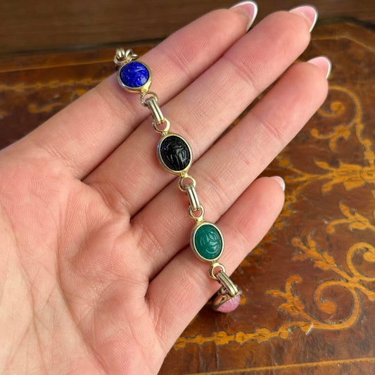 Vintage Mid Century Gold Tone Carved Gemstone Scarab Bracelet