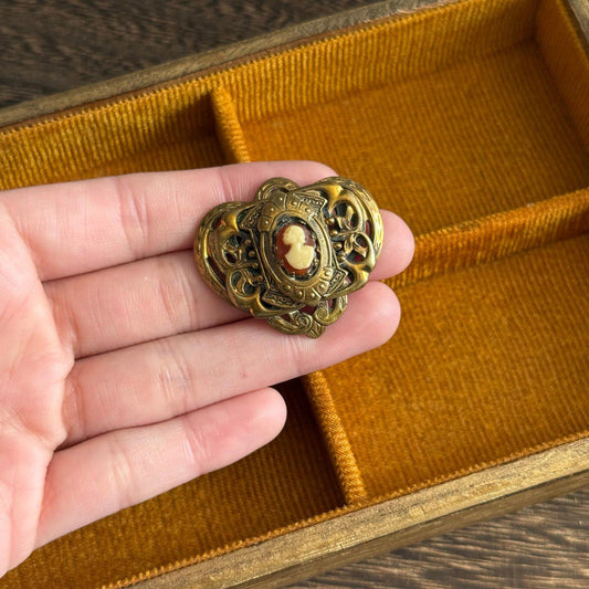 Vintage Victorian revival cameo brooch gold tone