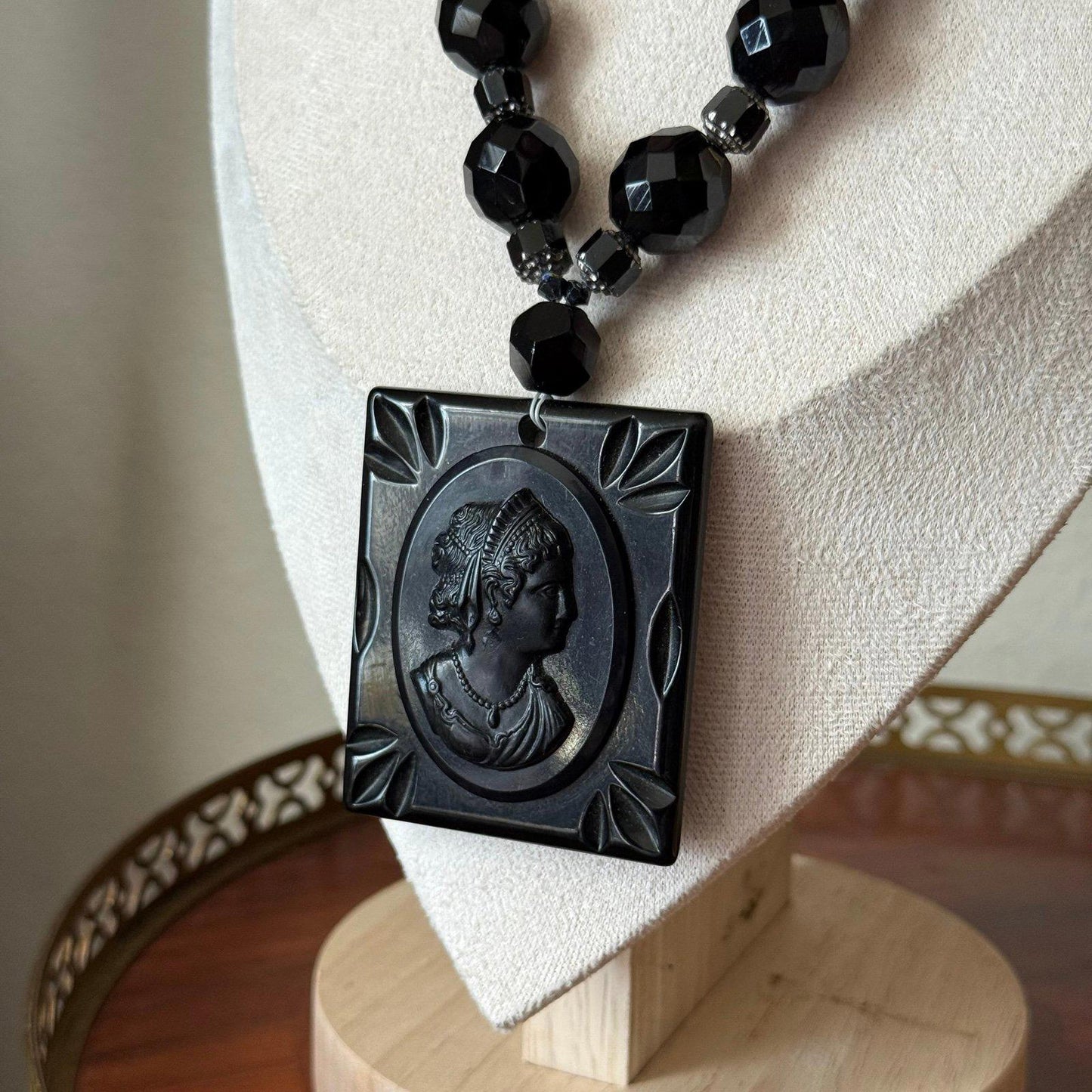 Vintage Carved Ebony Lucite Cameo Pendant black mourning cameo necklace