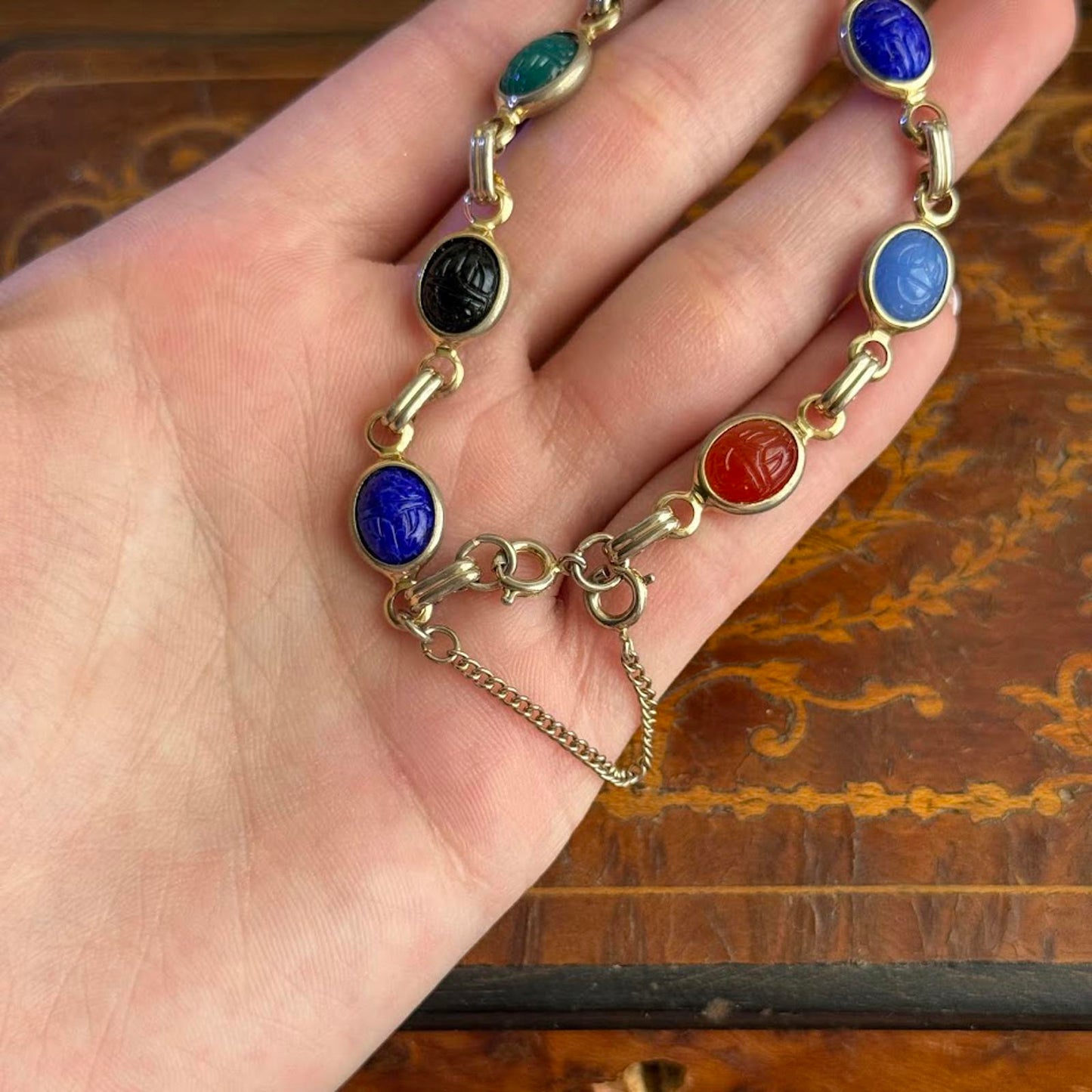 Vintage Mid Century Gold Tone Carved Gemstone Scarab Bracelet