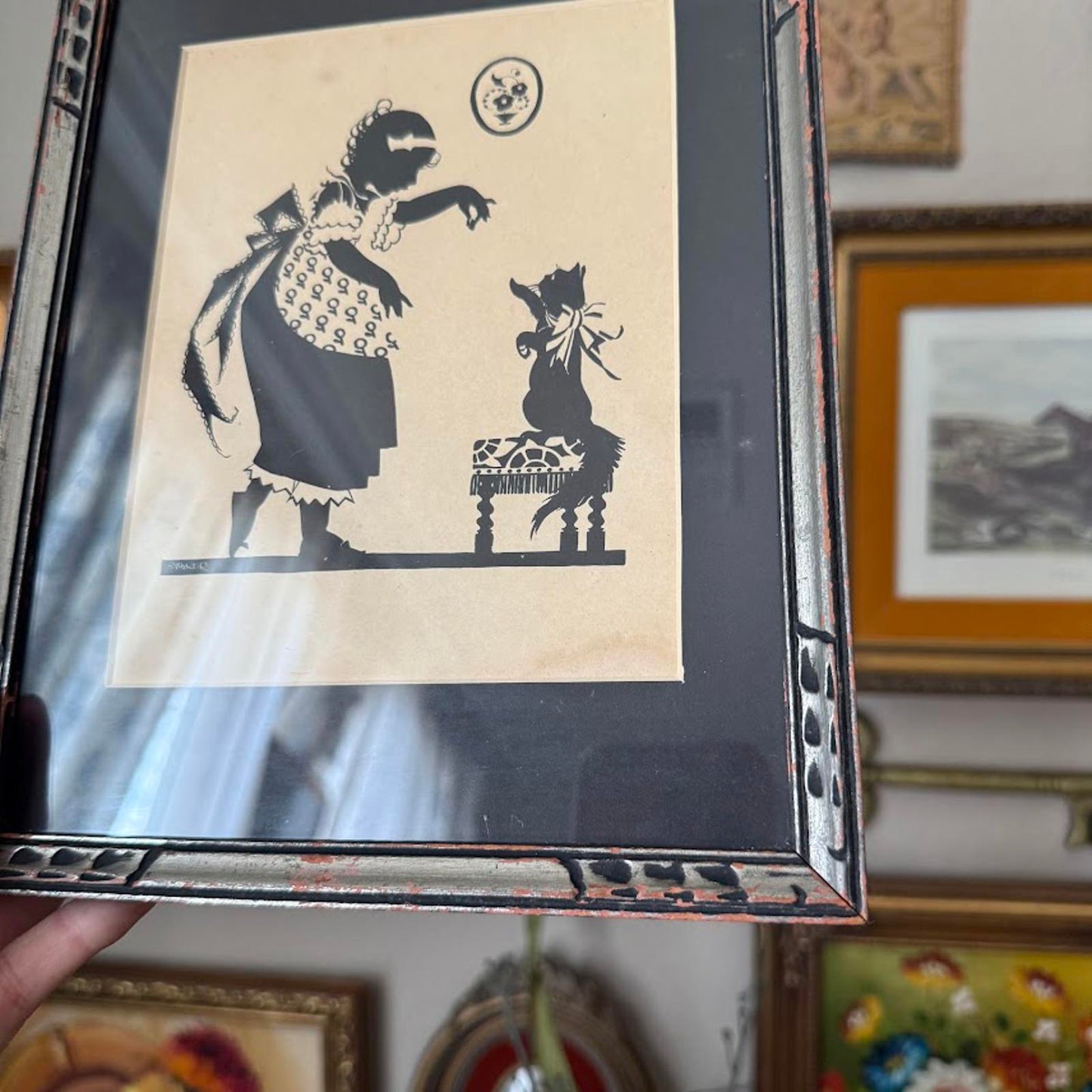 Vintage Framed Silhouette of A Girl and A Cat