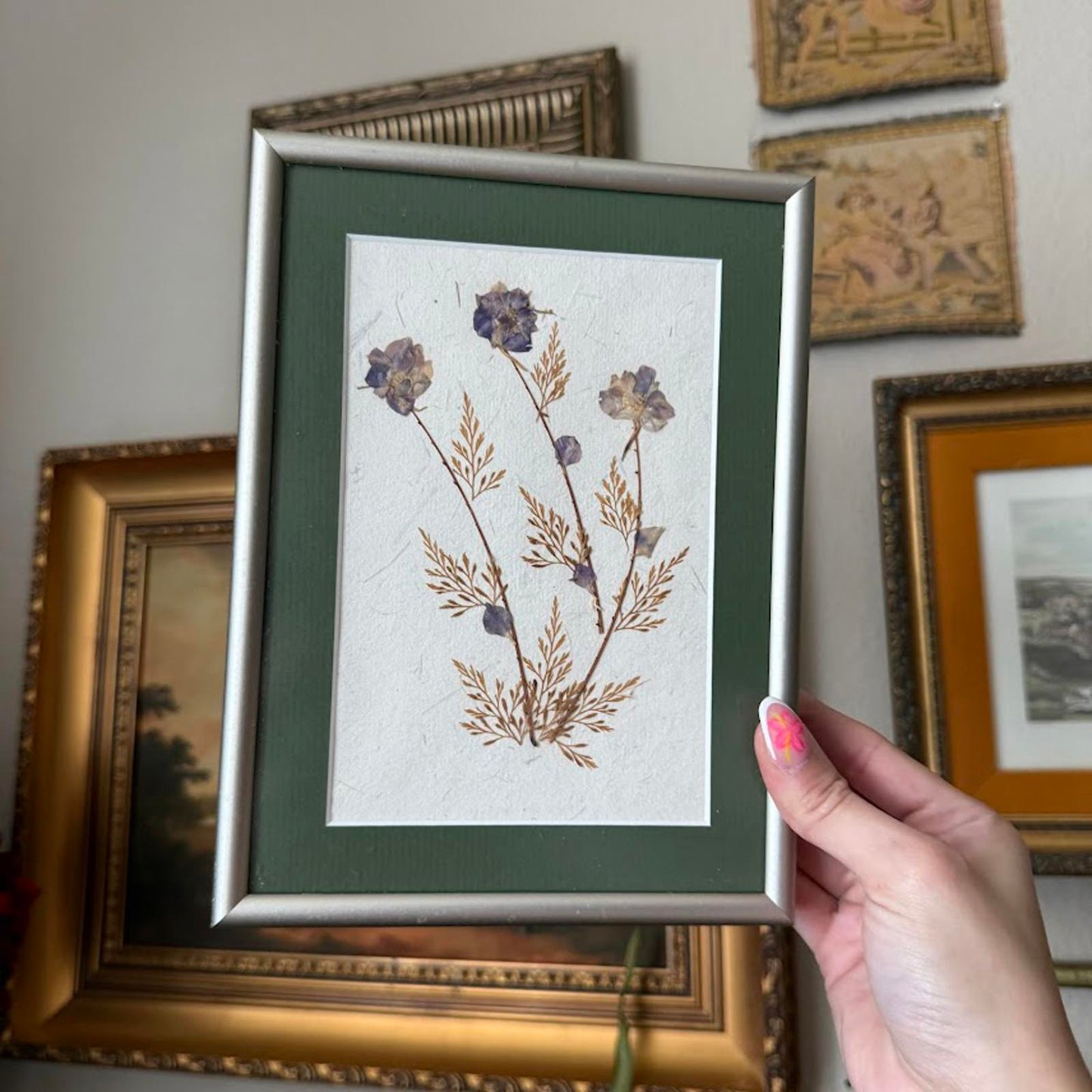 Vintage Large Metal Framed Pressed Flower Artwork