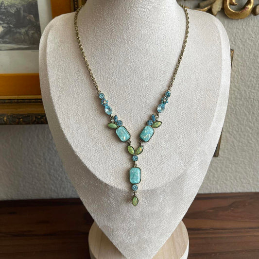Vintage Avon Opalite Blue Green Blue Topaz Rhinestone Drop Necklace