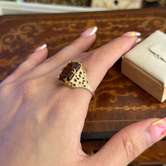 Vintage Style 14kt GE Gold Electroplated Orange Glass stone Ring