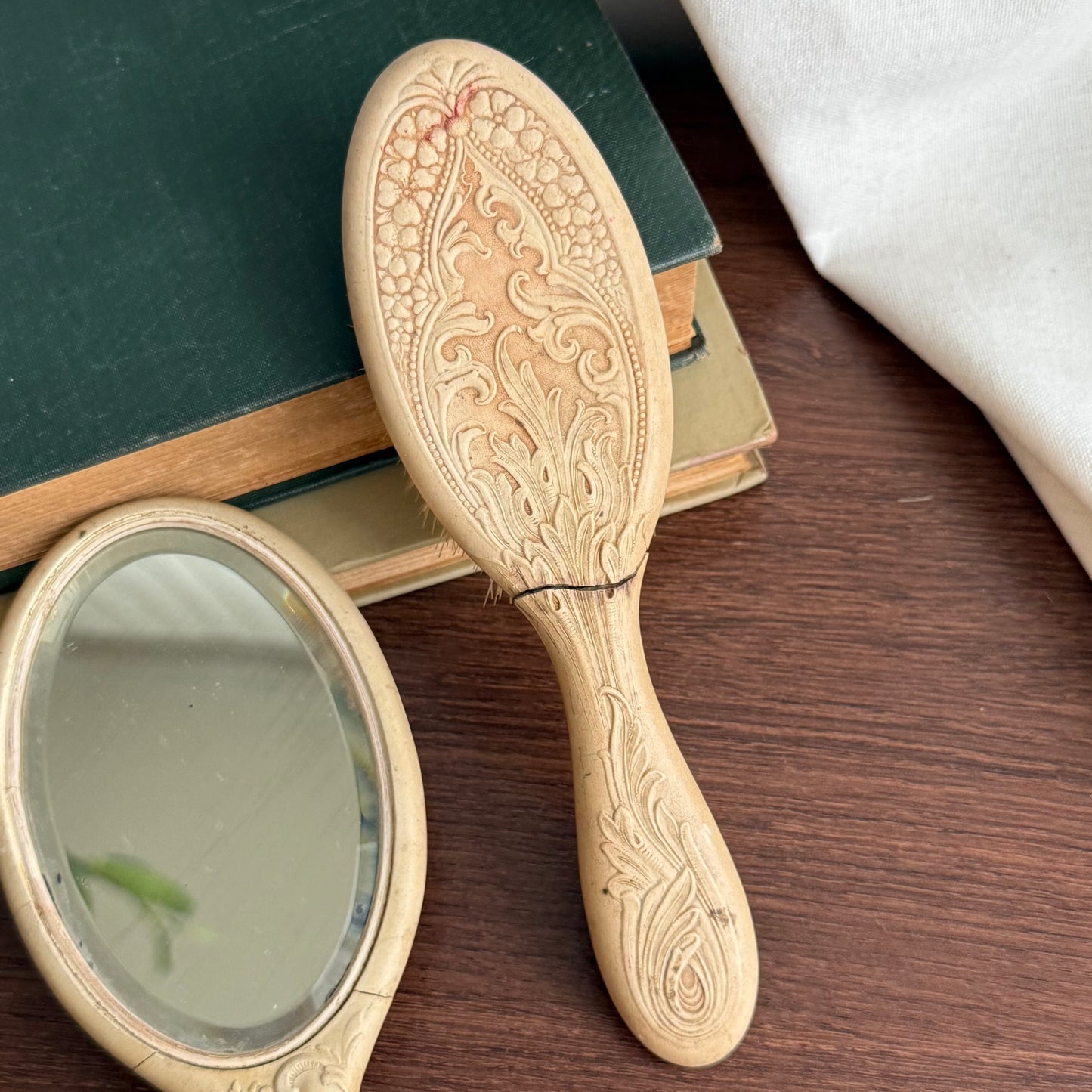 Vintage victorian Celluloid hand mirror and brush set