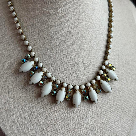 Vintage Milk Glass stone and rhinestones beaded necklace
