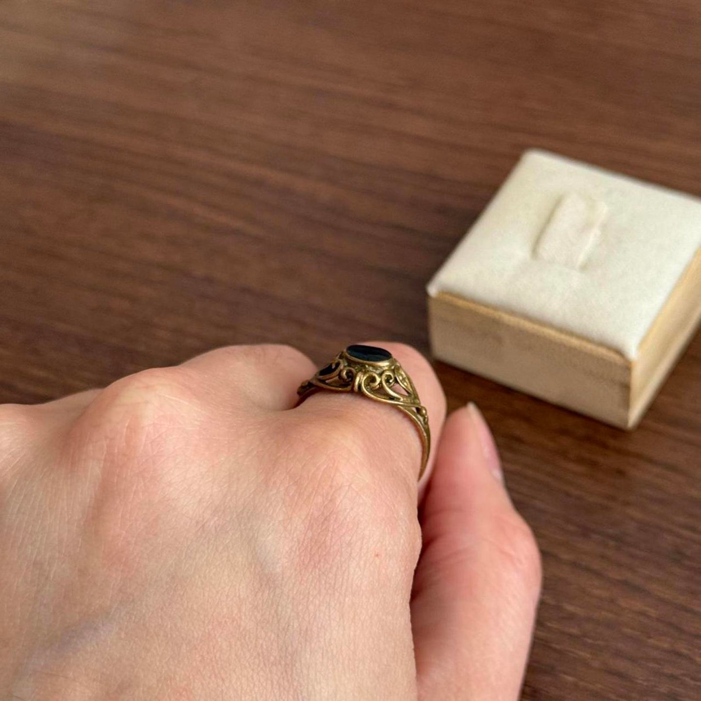 Vintage Art Deco brass ring with black onyx stone