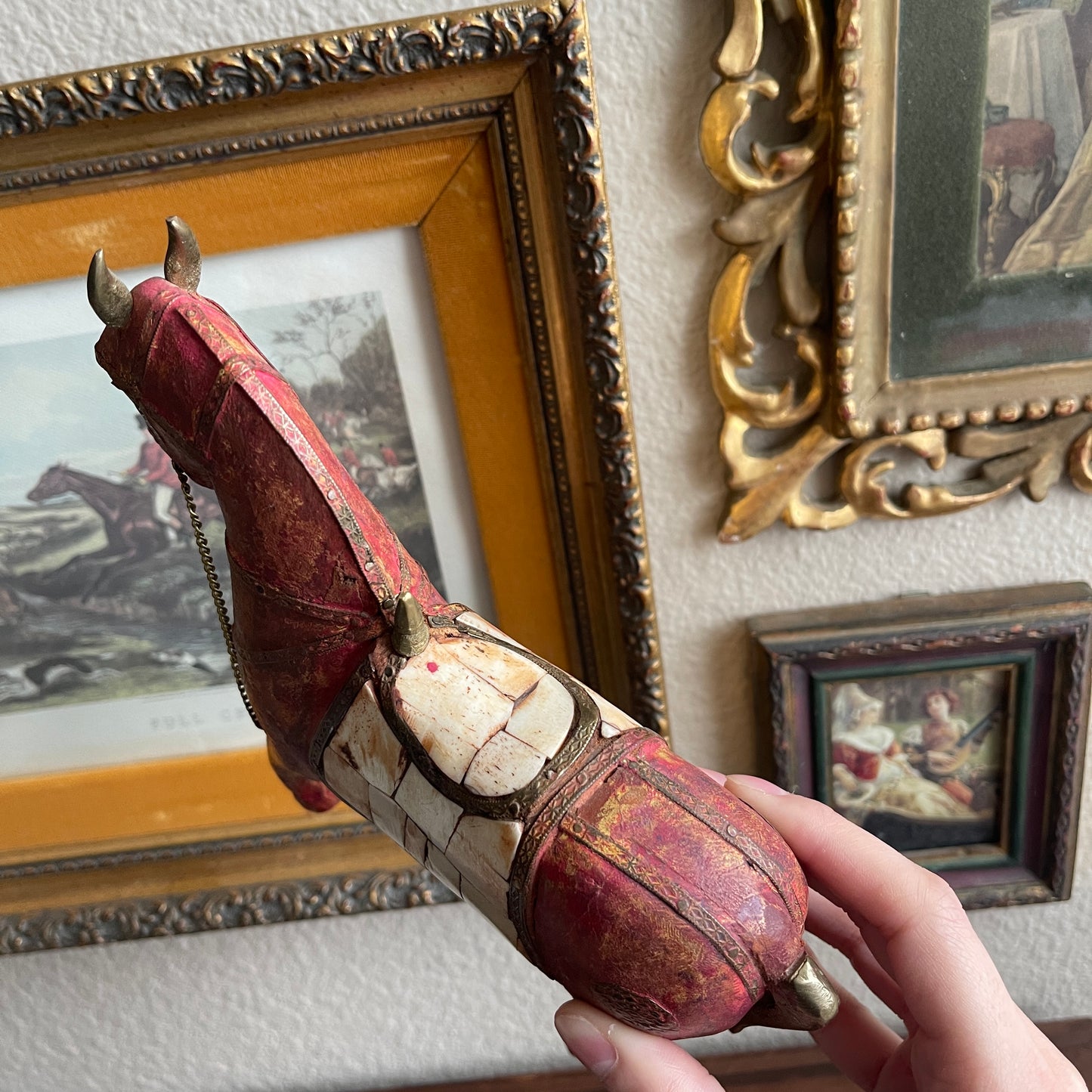 Red and Brown Wooden Horse, Hand Carved Sculpture Horse Brass And Bone detail