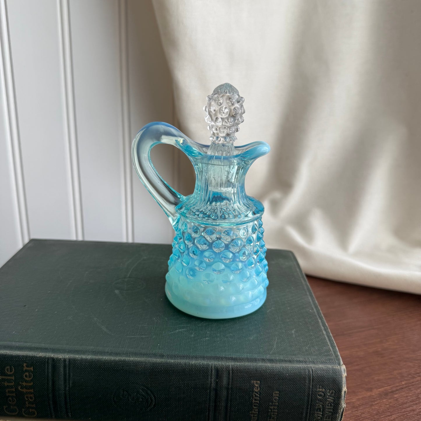 Fenton Art Glass Blue Opalescent Hobnail Cruet Bottle