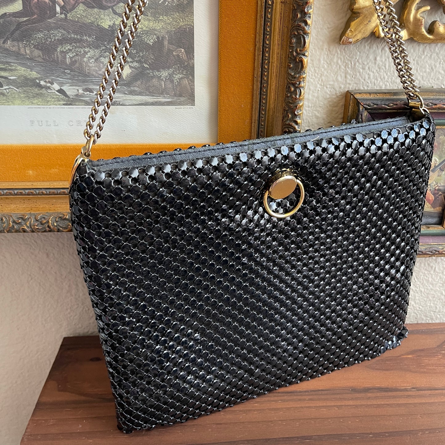 Vintage Purse Clutch Black Metal Mesh Double Chain Strap Hinged Opening