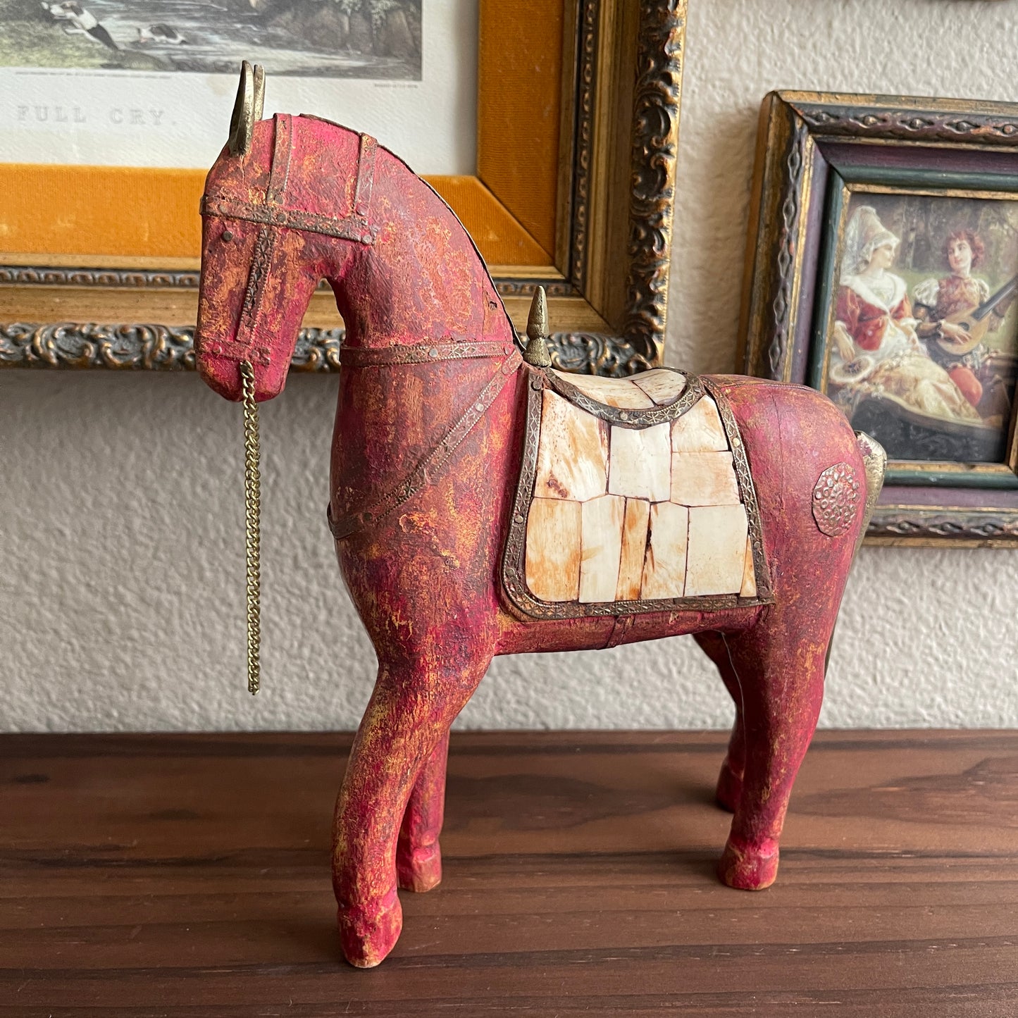 Red and Brown Wooden Horse, Hand Carved Sculpture Horse Brass And Bone detail