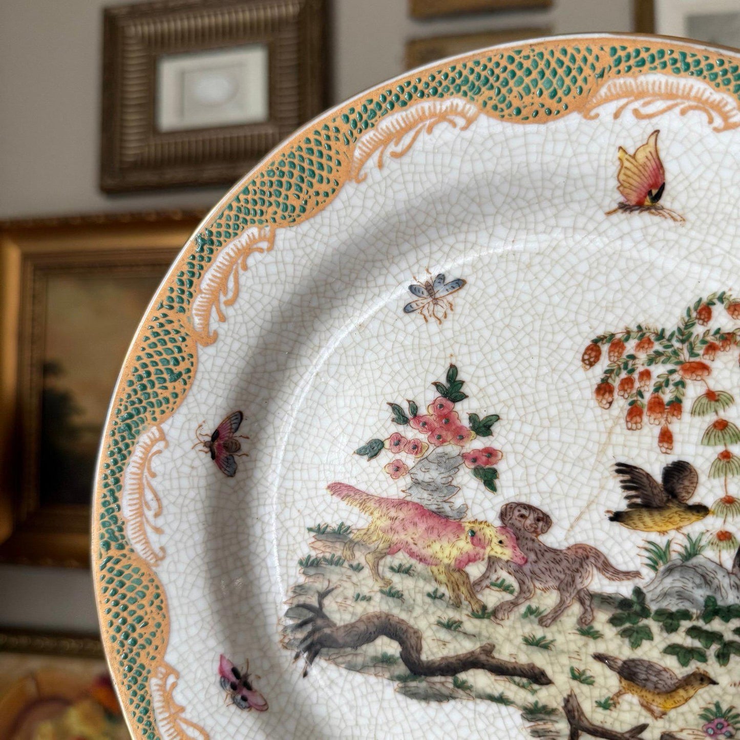 Vintage Decorative Porcelain Plate Crackle Glaze Dog & Bird Scene
