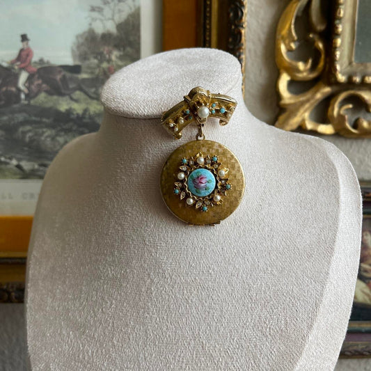 Vintage ART Arthur Pepper Ornate Victorian style enamel flower locket brooch pin