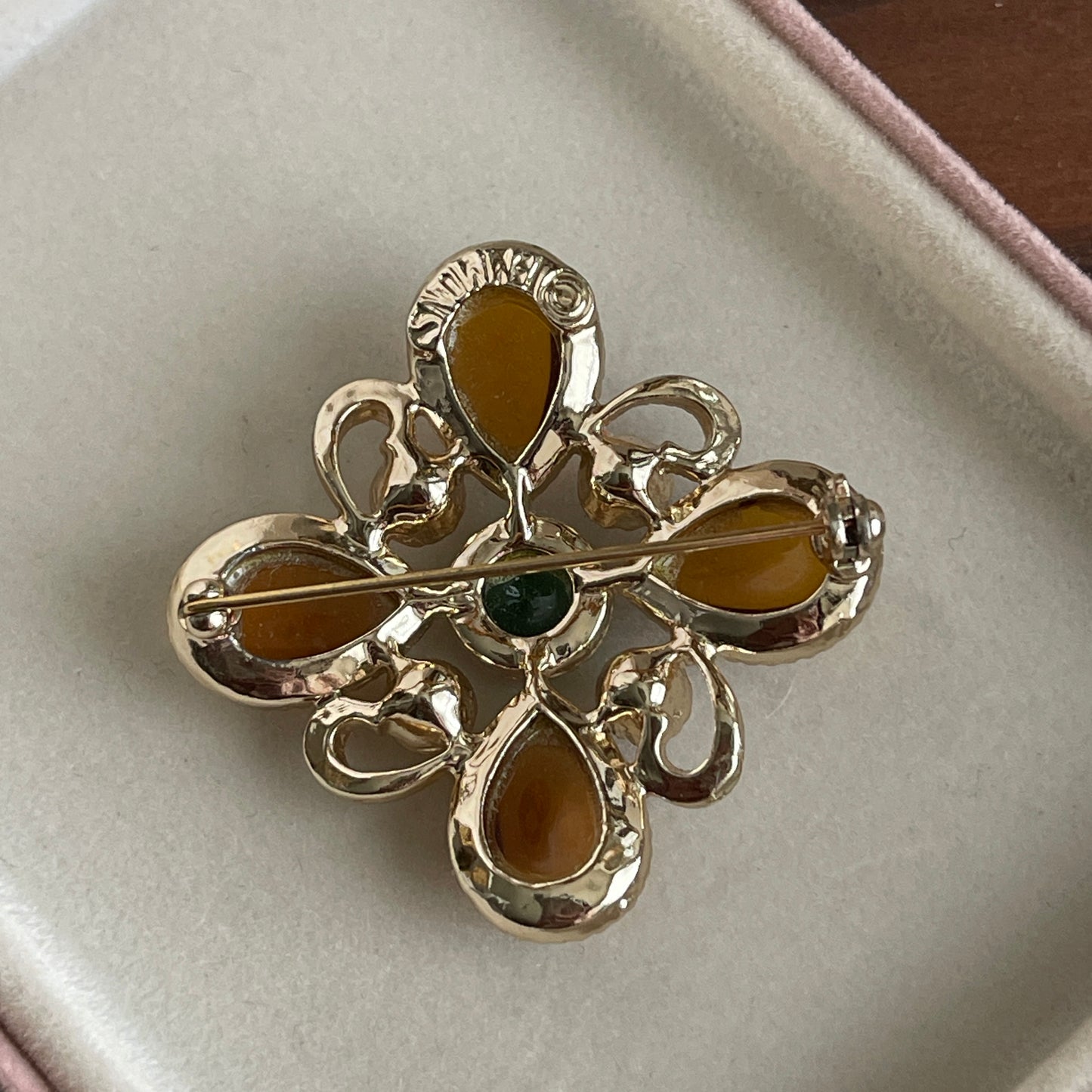 Vintage Emmons Gold Tone Maltese Cross Brooch Pin Faux Pearls Cabochon Stones
