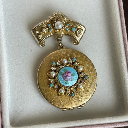Vintage ART Arthur Pepper Ornate Victorian style enamel flower locket brooch pin