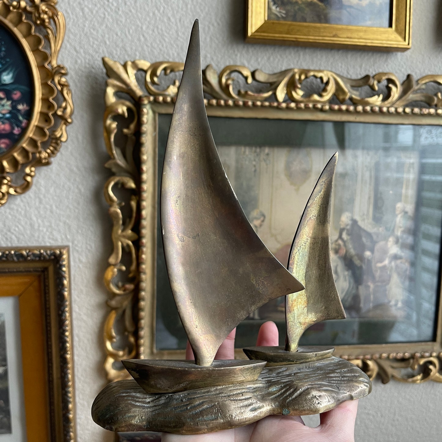 Vintage Brass Sailboats in Water sculpture