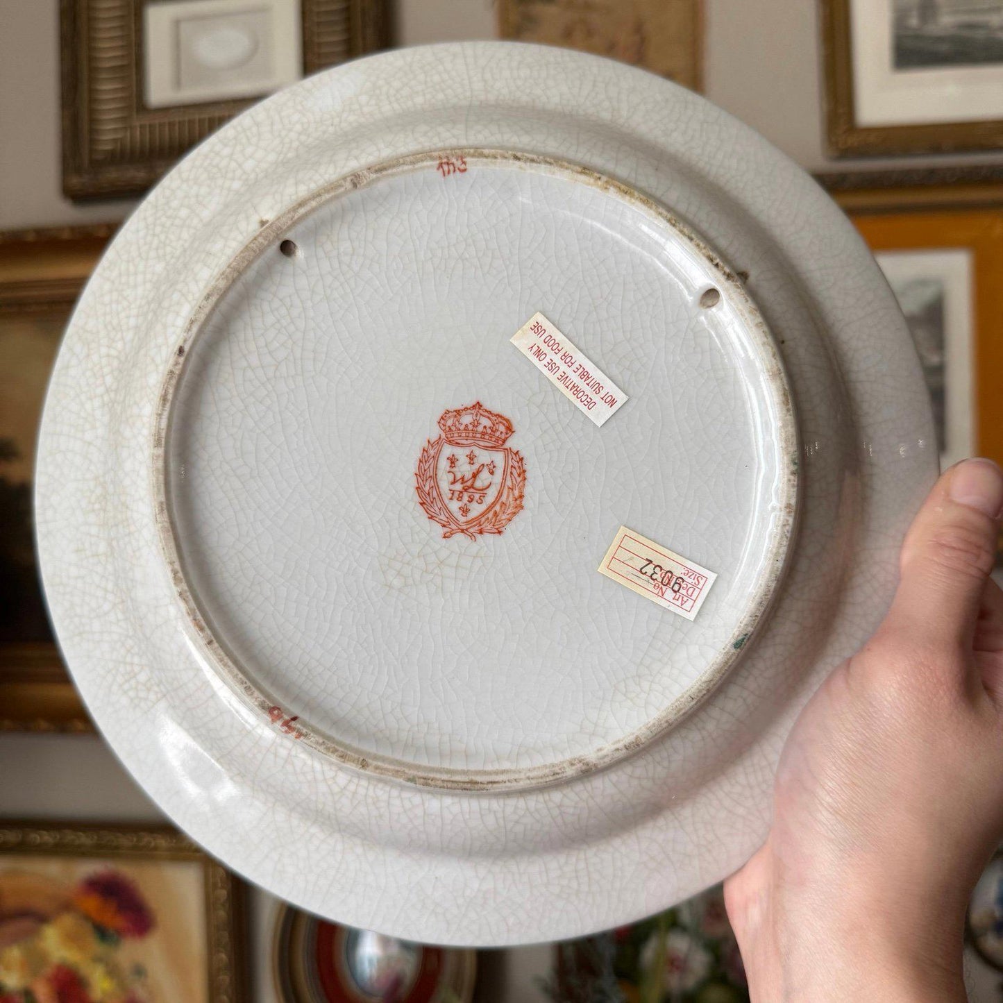 Vintage Decorative Porcelain Plate Crackle Glaze Dog & Bird Scene