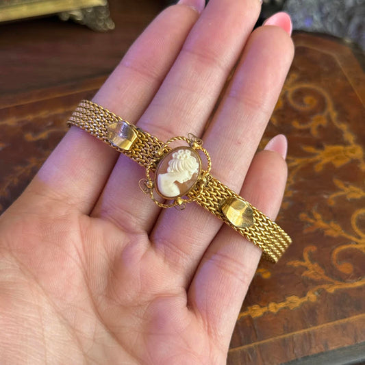 Vintage Art Deco 12k gold filled Cameo Mesh Bracelet