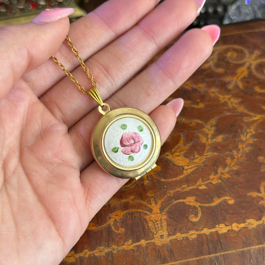 Vintage Gold Tone White Flower Guilloche Enamel Locket