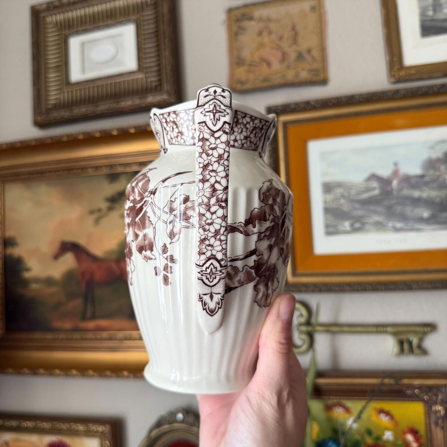 Vintage Two's Company Cream and Brown Floral Vase