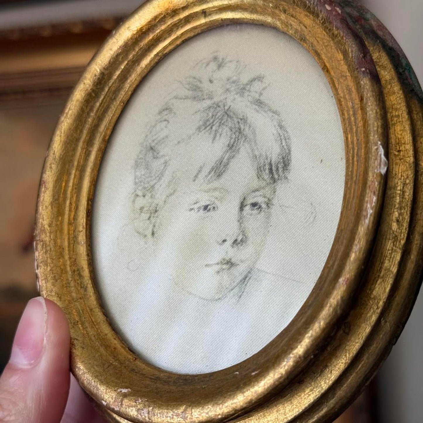 Vintage Small Oval Frame with Portrait Art