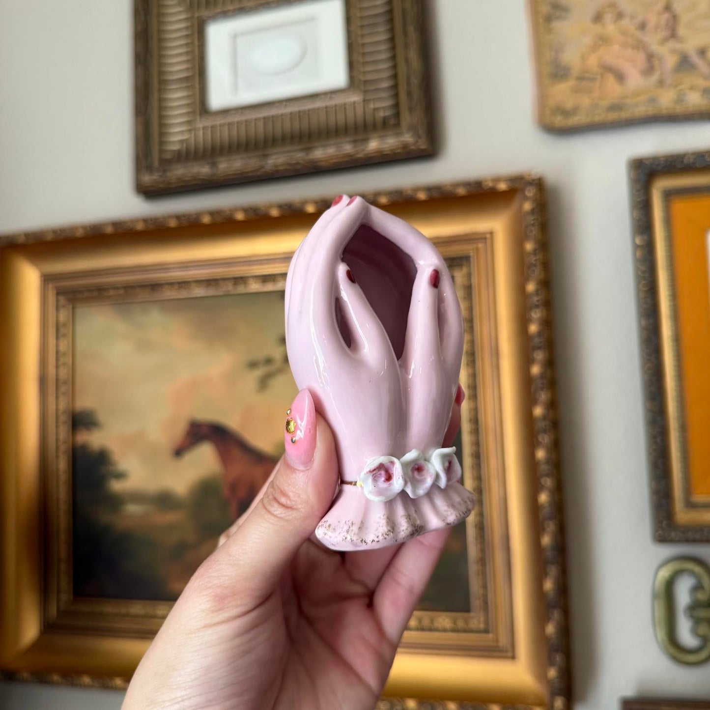 Vintage Purple Porcelain Hand Vase with Red Nails
