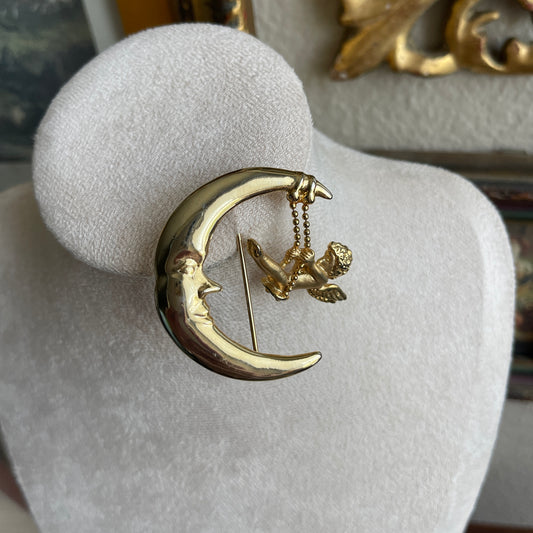 Vintage angel angel swinging from moon pin Signed Danecraft brooch
