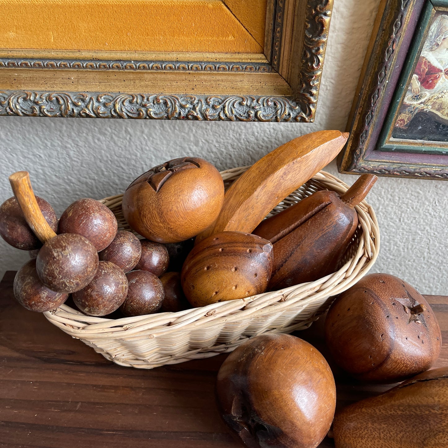 Vintage Carved Wooden Fruit and Basket Vintage 9 Piece Set