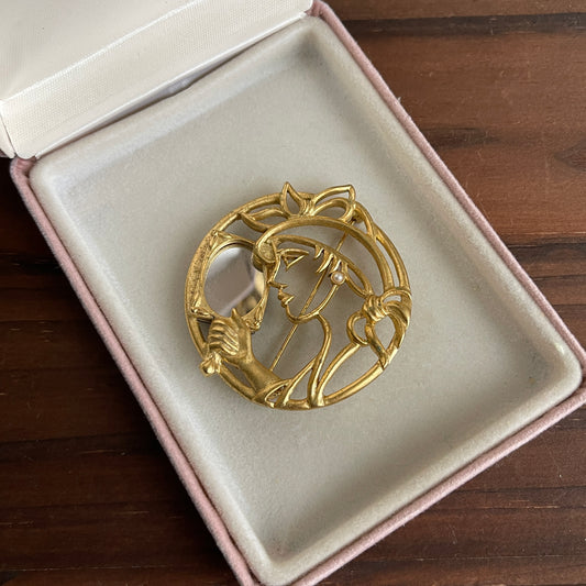 Vintage TONA Art Deco Woman Looking in Mirror Gold Vintage Brooch Pin