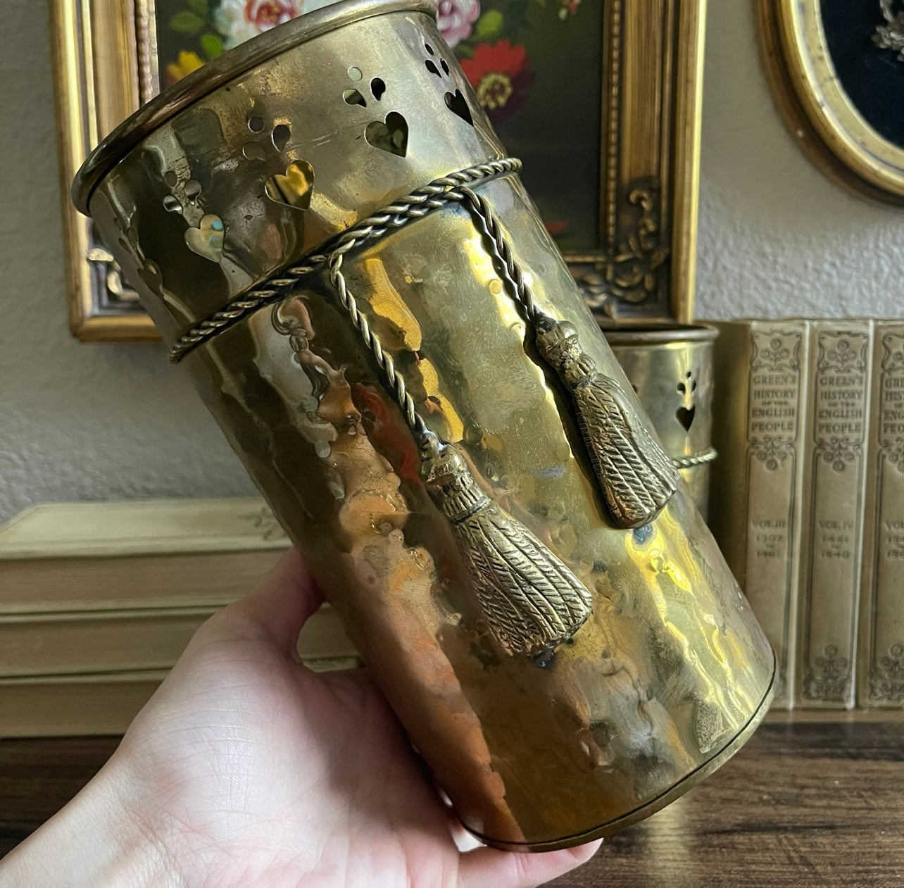 Vintage brass tin tassle canister set